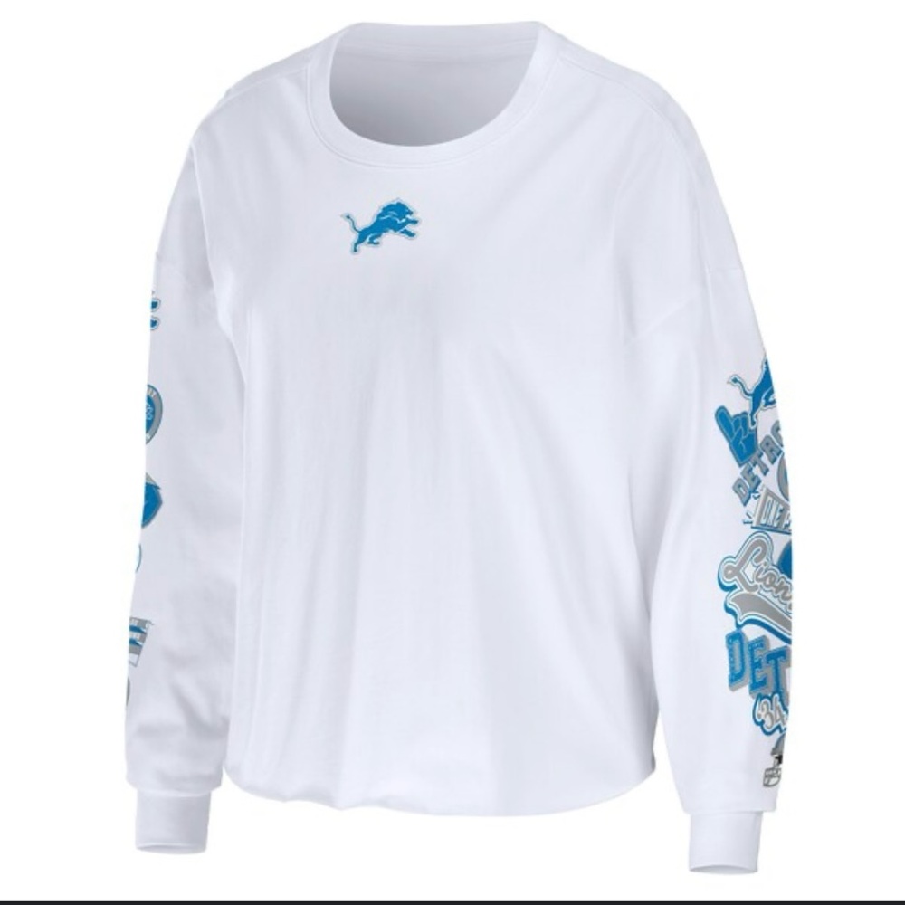 Detroit Lions Wear White Long Sleeve Shirt with Blue Graphics